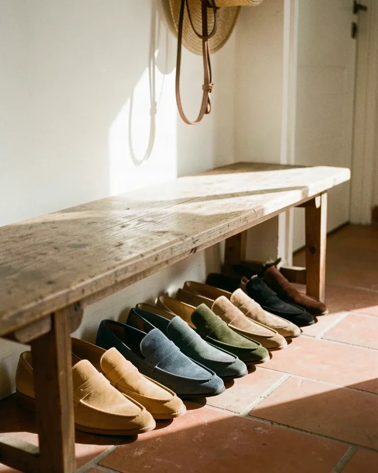 Suede loafers in a row of colours under a wooden bench in a sunny hallway