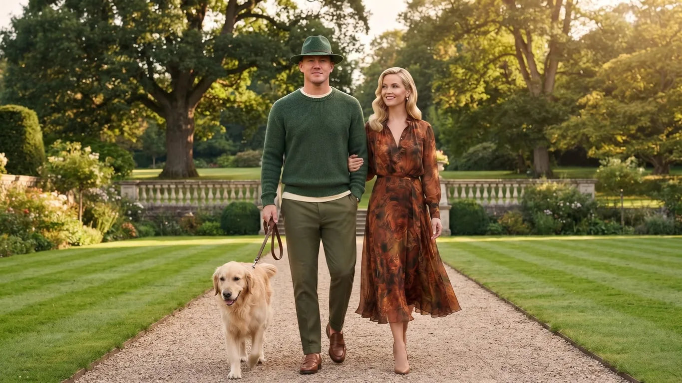 A couple walking a golden retriever along a lawn-edged garden path