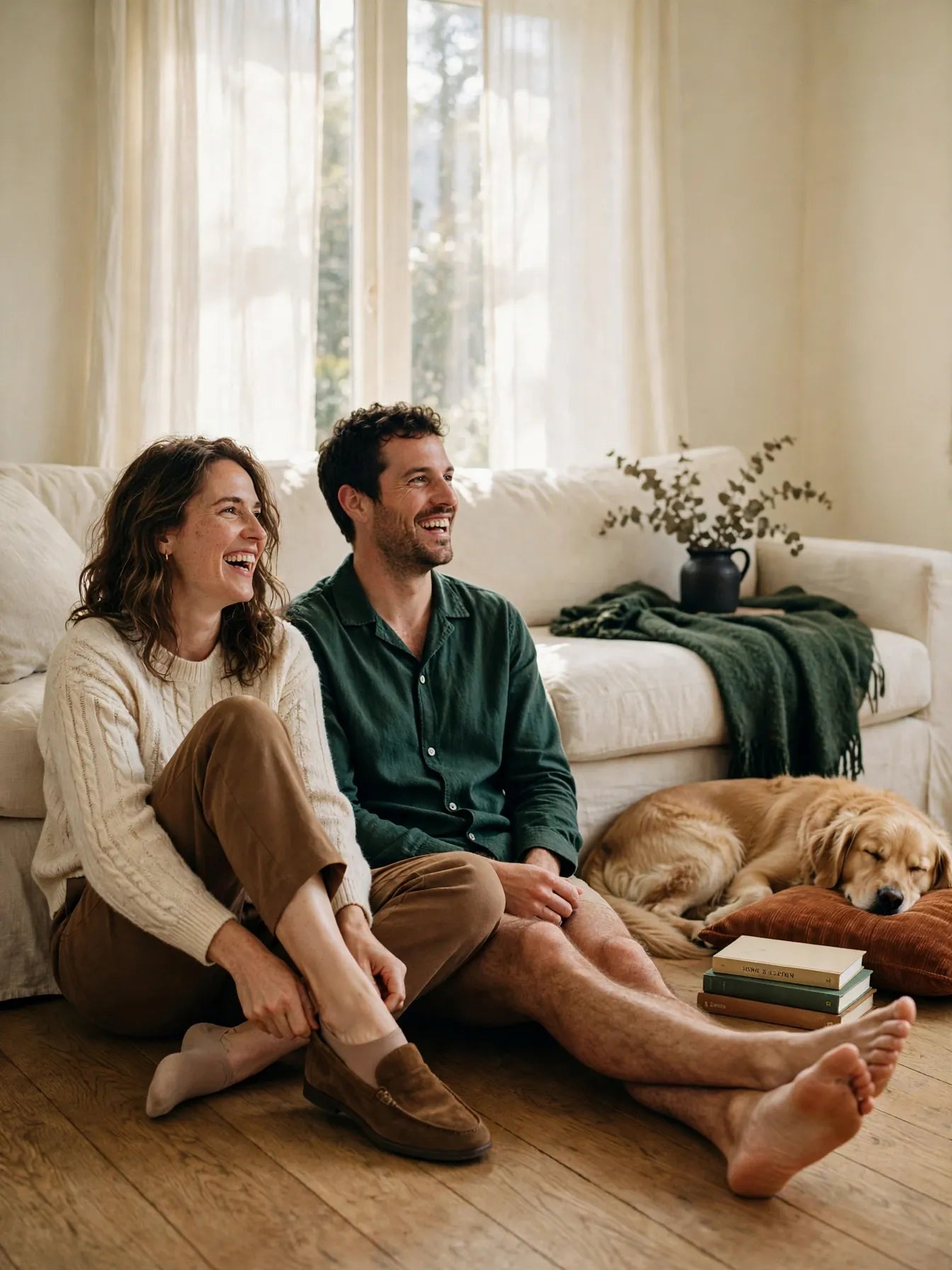 A couple laughing on a sunlit living room floor, one pulling on a loafer over a no-show sock, a golden retriever asleep beside them