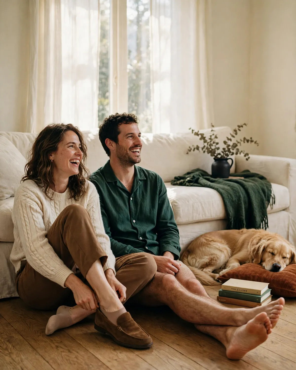 A couple relaxing on a sunlit living room floor, a golden retriever asleep beside them