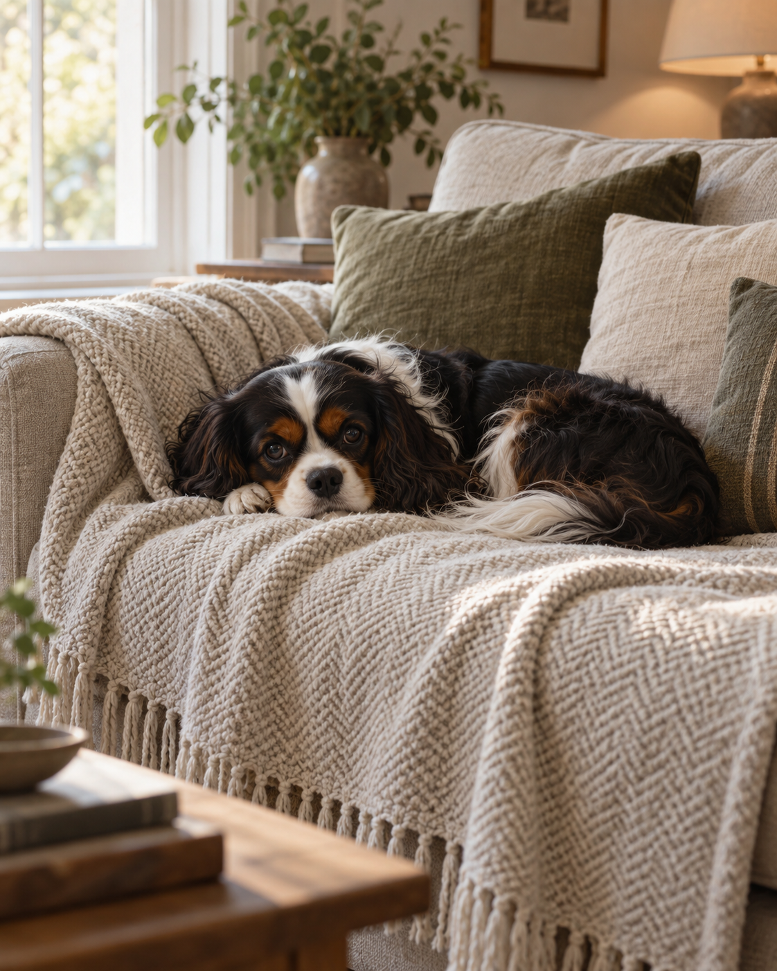 Cavalier spaniel on an everyday furniture throw