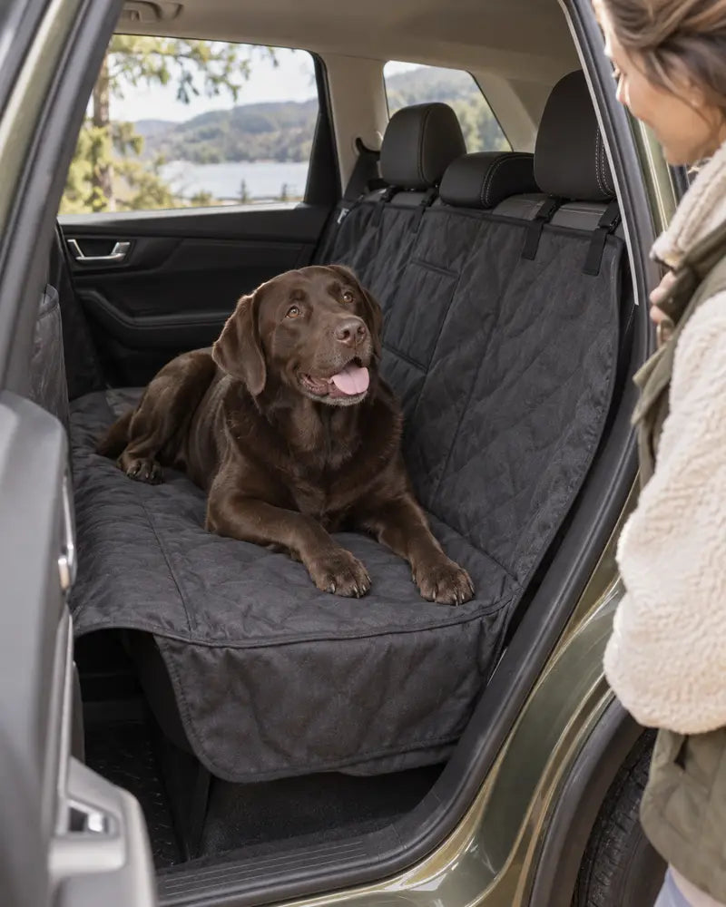 Chocolate Labrador on a rear-seat cover
