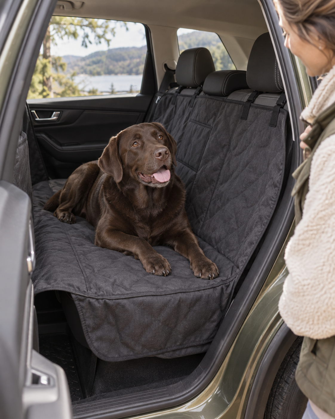Chocolate Labrador on a rear-seat cover